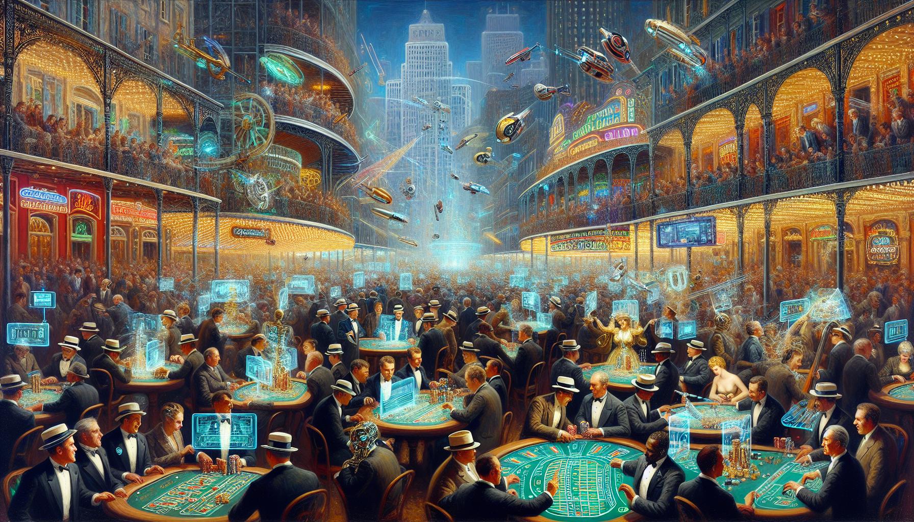 2124年のニューオーリンズのギャンブルとジャズの饗宴を描いた未来的な光景