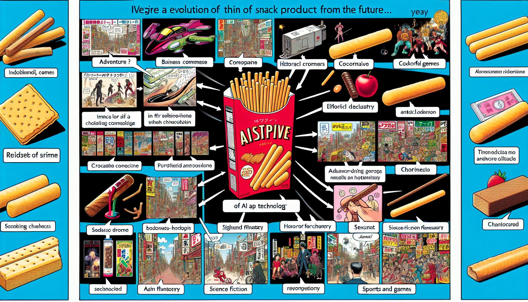 2124年のポッキーの進化を象徴するフューチャリスティックなスナック製品と高度なAI技術の融合