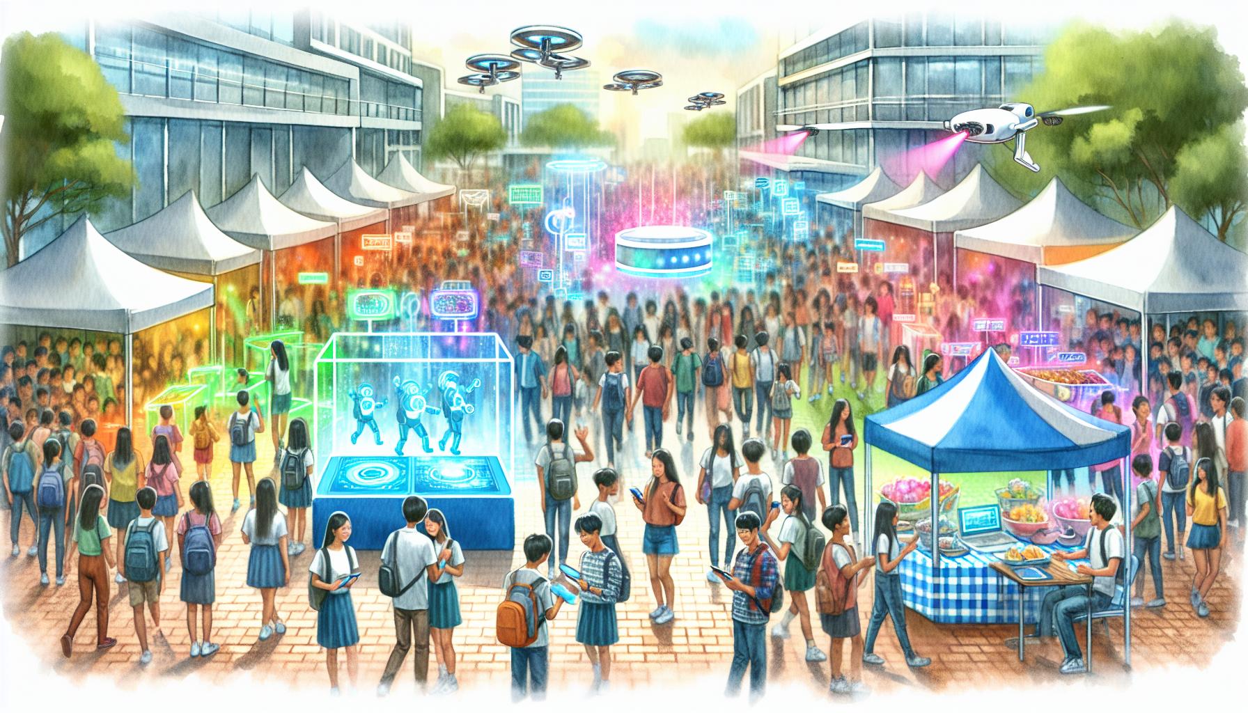 未来の学祭と最新のテクノロジーが融合した風景