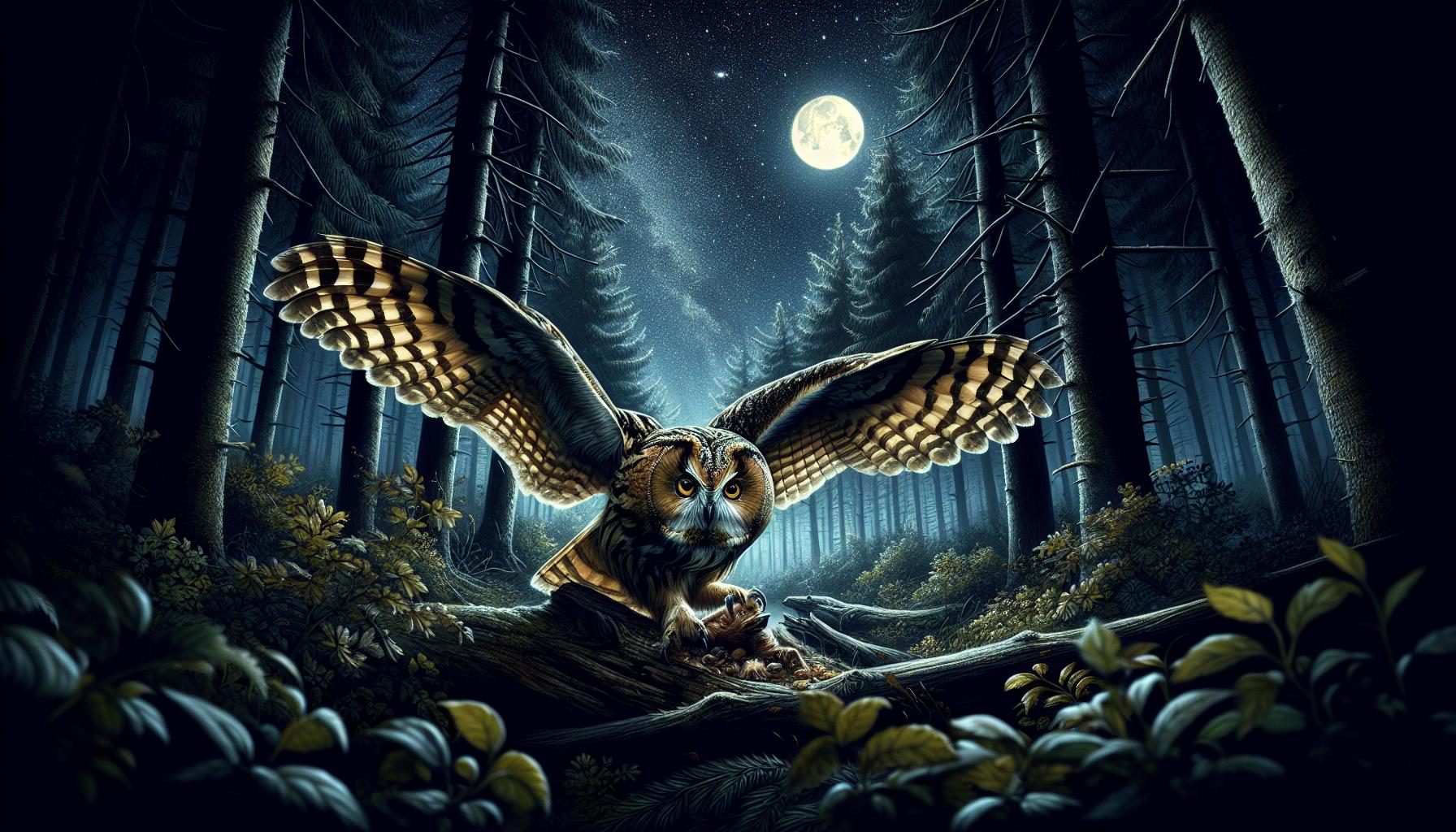 フクロウが狩りをしている夜の森の風景