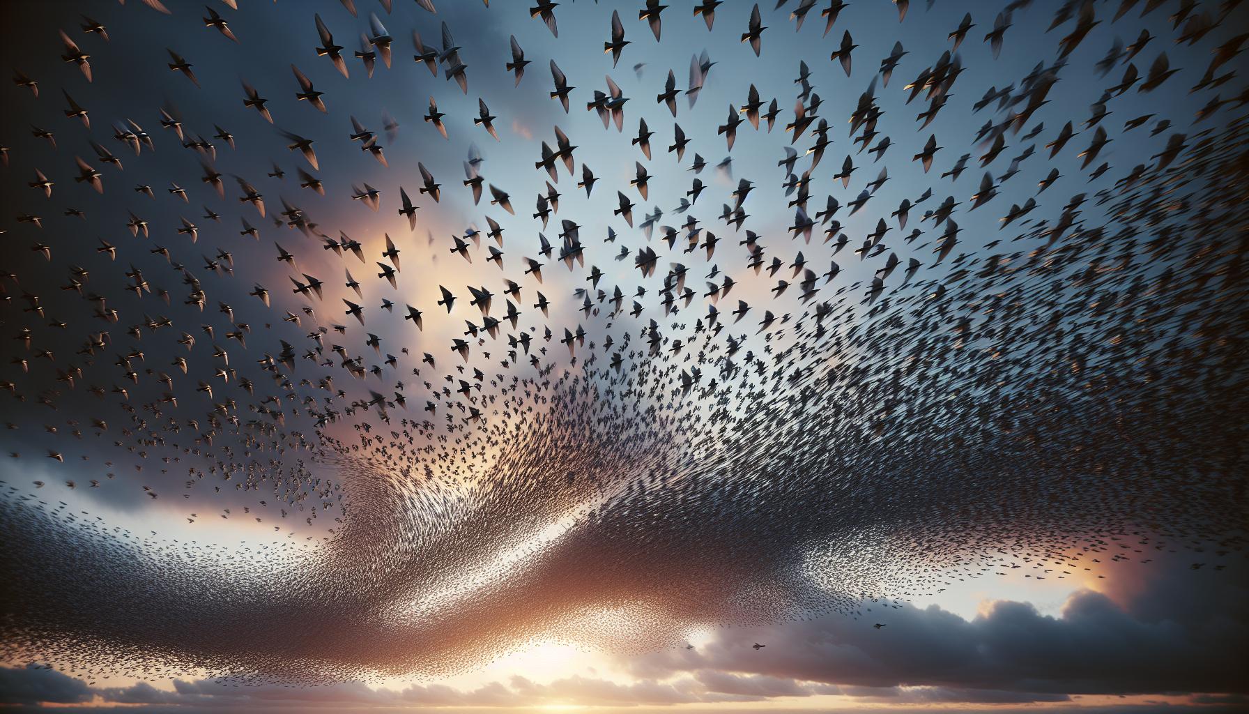 ムクドリの群れが一つになって飛ぶ様子