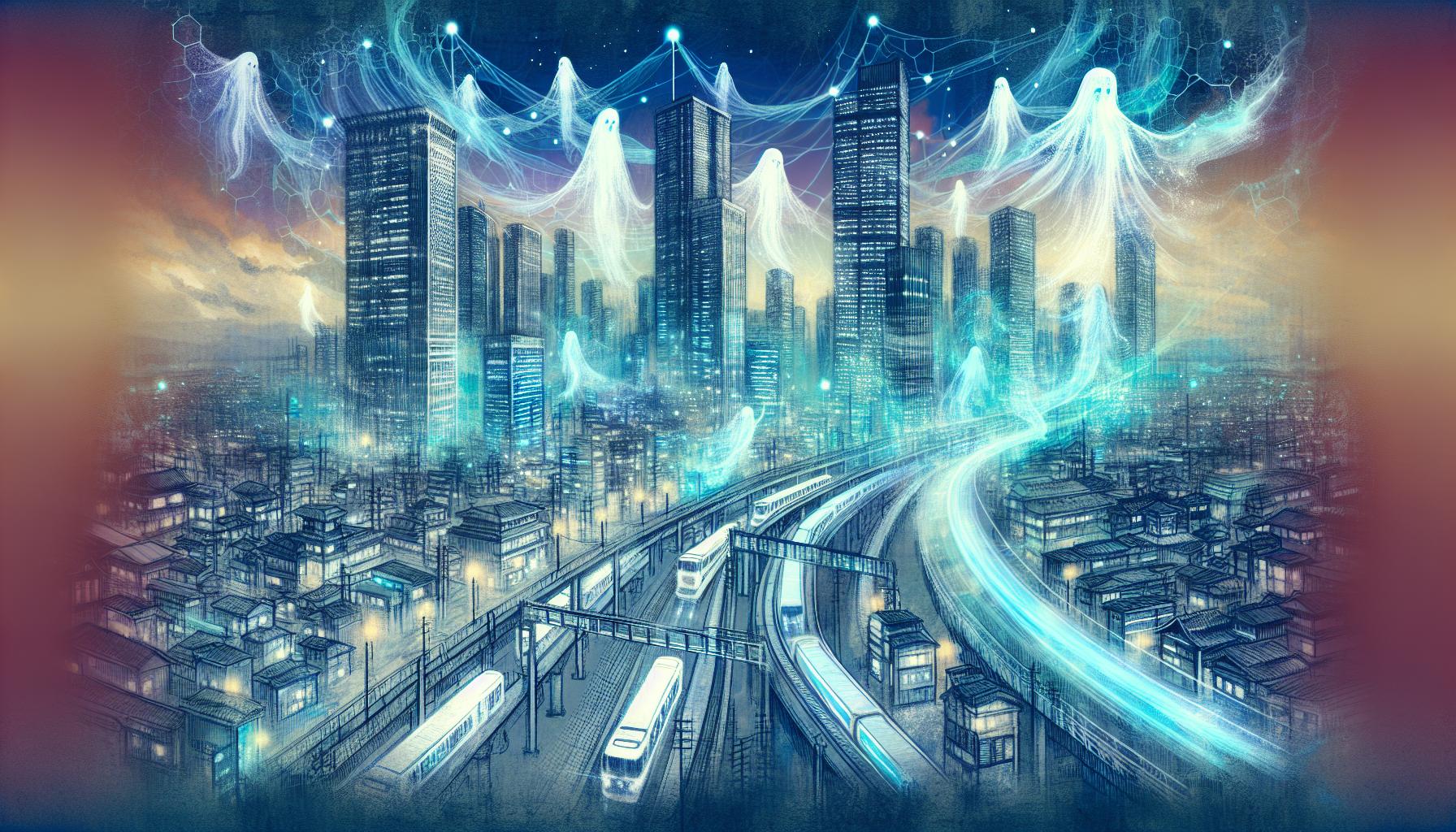 未来都市と幽霊の関わりを描いた画像